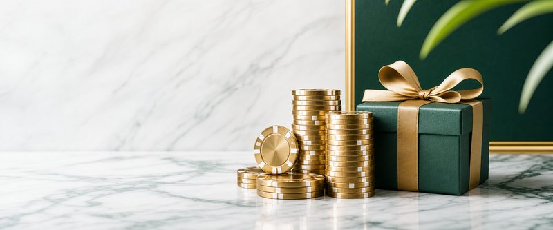 Goldene Spielchips neben einer dunkelgrünen Geschenkbox mit Schleife auf Marmor. Bild mit künstlicher Intelligenz erstellt.